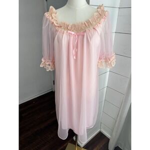 Vintage Union Chemise Gown Womens Small Pink Lace Chiffon Peignoir Lingerie
